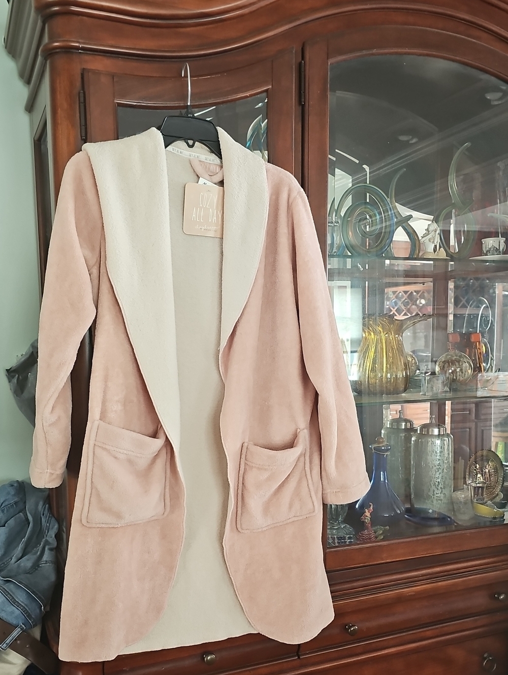 Cozy All Day Daydream Plush Luxurious Open Front Robe Off White & Pink Sz S Nwt